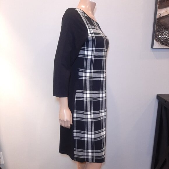 Chaps Plaid Sweater Dress Black 3/4 Sleeve Sheath Winter Stretch Womens Large - Picture 7 of 11
